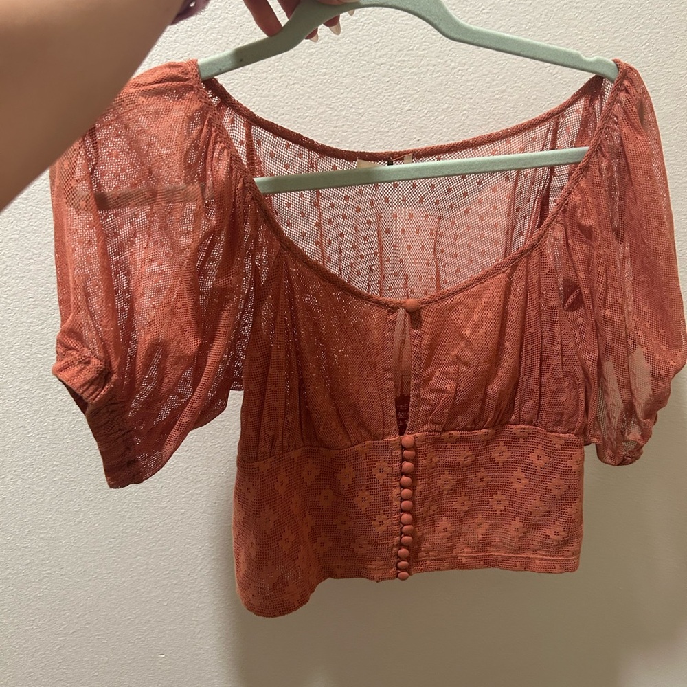 Free People Orange Pink Puff Sleeve Crop Blouse